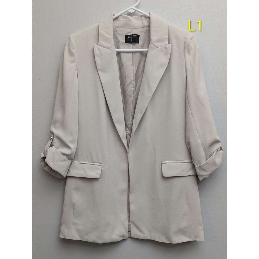 D6 Tahari Blazer Jacket Women's Sz L Lined Taupe Classic Preppy Office Versatile